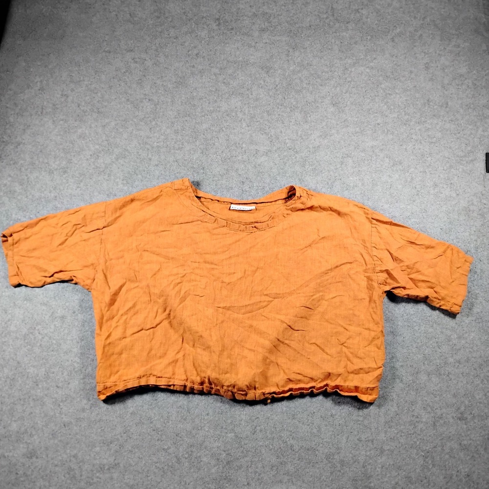 Bryn Walker Linen Crop Top Women's Large Orange Drawstring Hem Boxy Short Sleeve